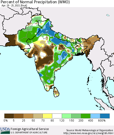 Southern Asia Percent of Normal Precipitation (WMO) Thematic Map For 4/19/2021 - 4/25/2021