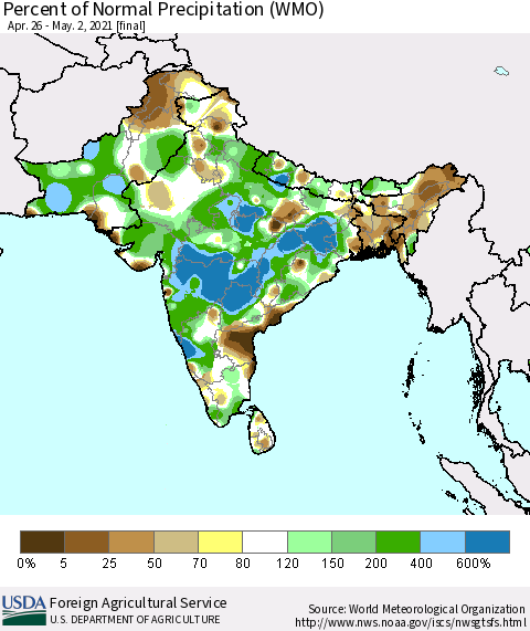 Southern Asia Percent of Normal Precipitation (WMO) Thematic Map For 4/26/2021 - 5/2/2021