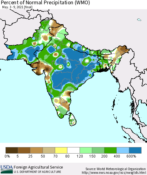 Southern Asia Percent of Normal Precipitation (WMO) Thematic Map For 5/3/2021 - 5/9/2021