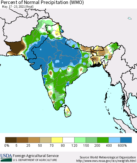 Southern Asia Percent of Normal Precipitation (WMO) Thematic Map For 5/17/2021 - 5/23/2021