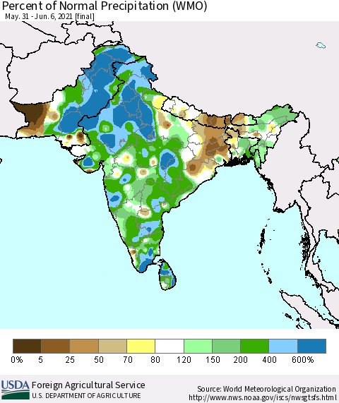 Southern Asia Percent of Normal Precipitation (WMO) Thematic Map For 5/31/2021 - 6/6/2021