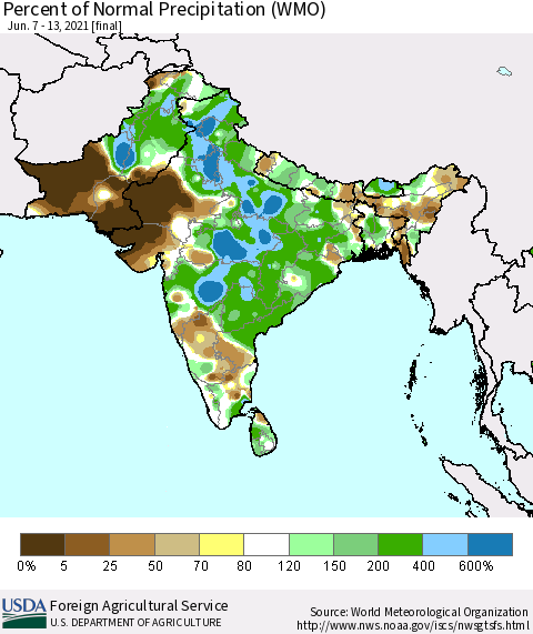 Southern Asia Percent of Normal Precipitation (WMO) Thematic Map For 6/7/2021 - 6/13/2021