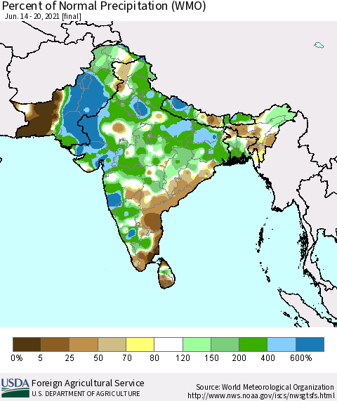 Southern Asia Percent of Normal Precipitation (WMO) Thematic Map For 6/14/2021 - 6/20/2021