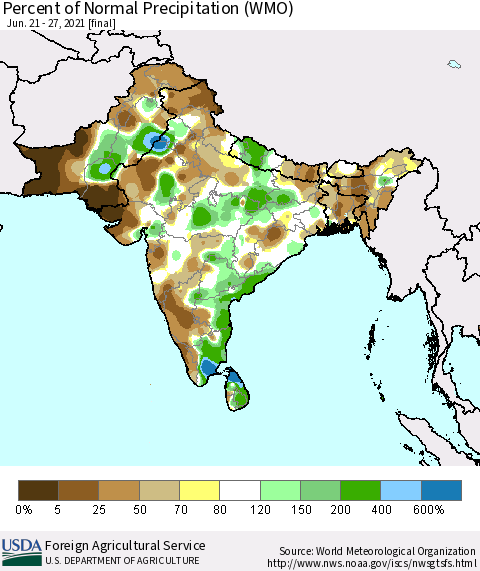 Southern Asia Percent of Normal Precipitation (WMO) Thematic Map For 6/21/2021 - 6/27/2021