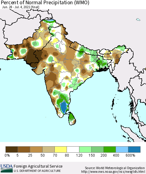 Southern Asia Percent of Normal Precipitation (WMO) Thematic Map For 6/28/2021 - 7/4/2021
