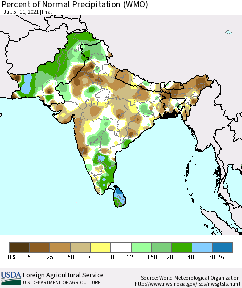 Southern Asia Percent of Normal Precipitation (WMO) Thematic Map For 7/5/2021 - 7/11/2021
