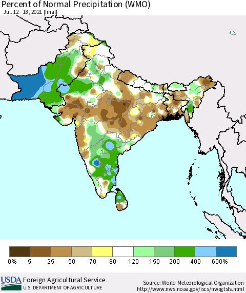 Southern Asia Percent of Normal Precipitation (WMO) Thematic Map For 7/12/2021 - 7/18/2021