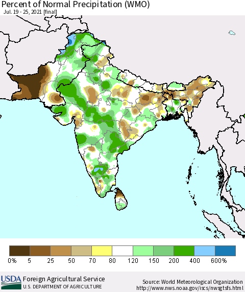 Southern Asia Percent of Normal Precipitation (WMO) Thematic Map For 7/19/2021 - 7/25/2021