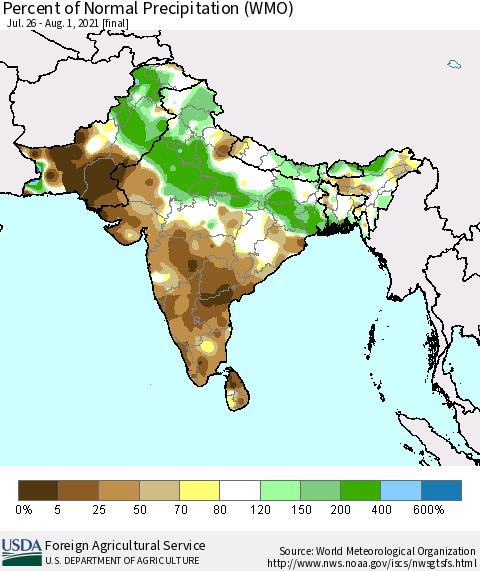 Southern Asia Percent of Normal Precipitation (WMO) Thematic Map For 7/26/2021 - 8/1/2021