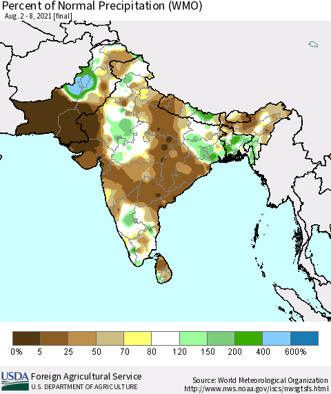 Southern Asia Percent of Normal Precipitation (WMO) Thematic Map For 8/2/2021 - 8/8/2021