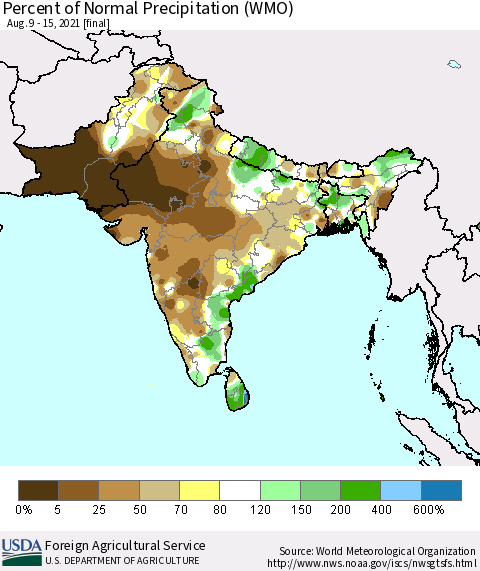 Southern Asia Percent of Normal Precipitation (WMO) Thematic Map For 8/9/2021 - 8/15/2021