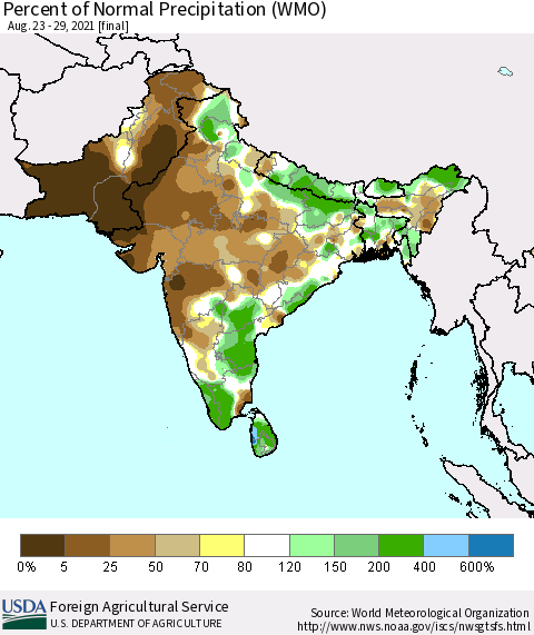 Southern Asia Percent of Normal Precipitation (WMO) Thematic Map For 8/23/2021 - 8/29/2021