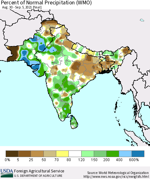Southern Asia Percent of Normal Precipitation (WMO) Thematic Map For 8/30/2021 - 9/5/2021