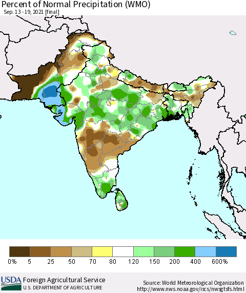 Southern Asia Percent of Normal Precipitation (WMO) Thematic Map For 9/13/2021 - 9/19/2021