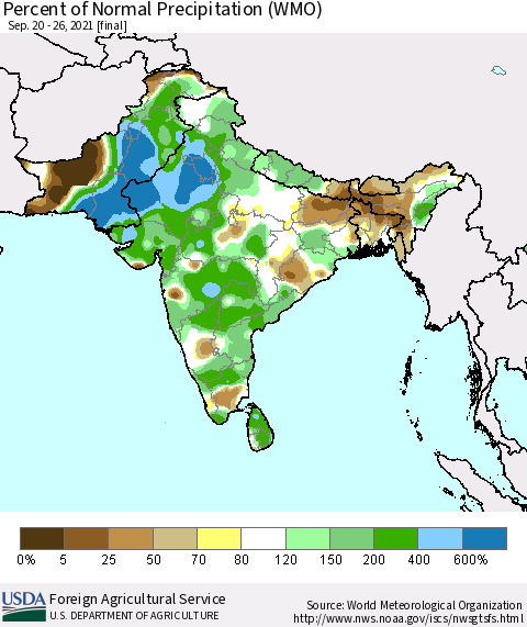 Southern Asia Percent of Normal Precipitation (WMO) Thematic Map For 9/20/2021 - 9/26/2021