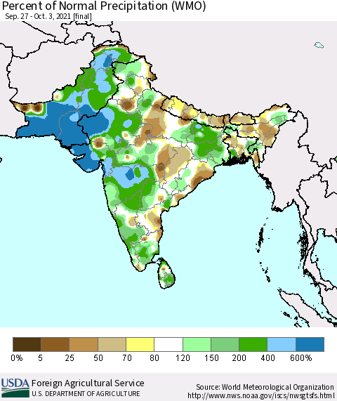 Southern Asia Percent of Normal Precipitation (WMO) Thematic Map For 9/27/2021 - 10/3/2021