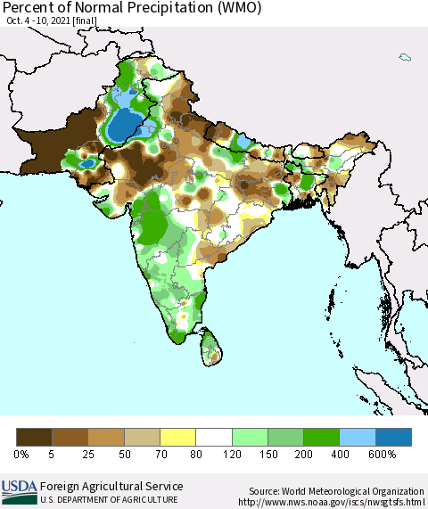 Southern Asia Percent of Normal Precipitation (WMO) Thematic Map For 10/4/2021 - 10/10/2021