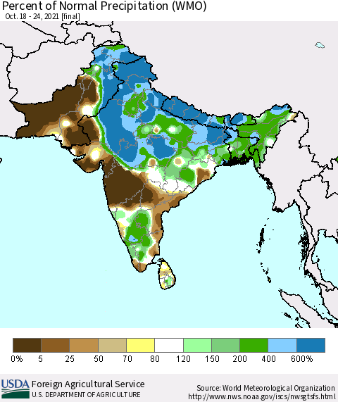 Southern Asia Percent of Normal Precipitation (WMO) Thematic Map For 10/18/2021 - 10/24/2021