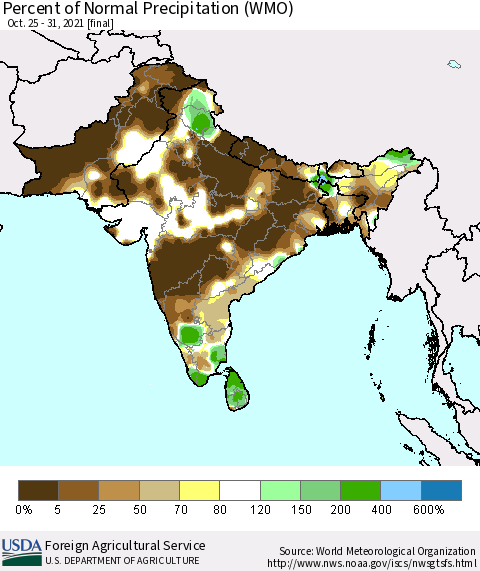 Southern Asia Percent of Normal Precipitation (WMO) Thematic Map For 10/25/2021 - 10/31/2021