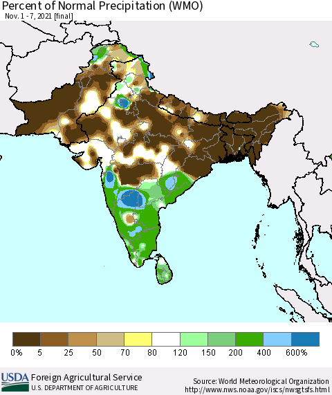 Southern Asia Percent of Normal Precipitation (WMO) Thematic Map For 11/1/2021 - 11/7/2021