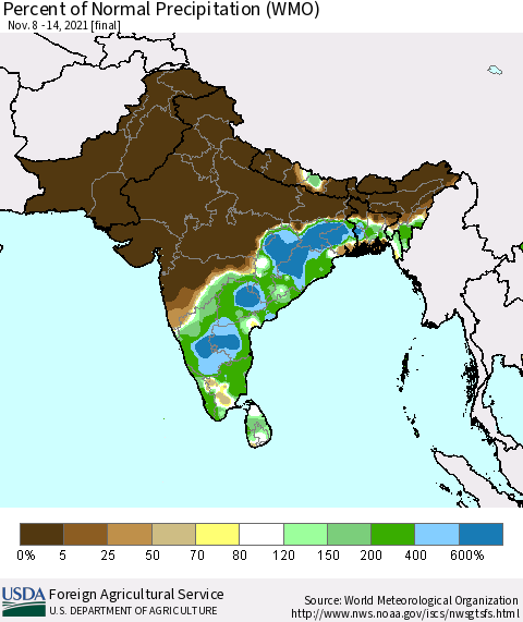 Southern Asia Percent of Normal Precipitation (WMO) Thematic Map For 11/8/2021 - 11/14/2021