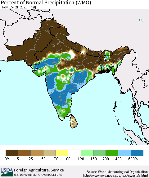 Southern Asia Percent of Normal Precipitation (WMO) Thematic Map For 11/15/2021 - 11/21/2021