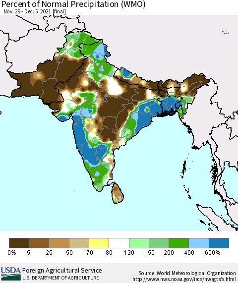 Southern Asia Percent of Normal Precipitation (WMO) Thematic Map For 11/29/2021 - 12/5/2021