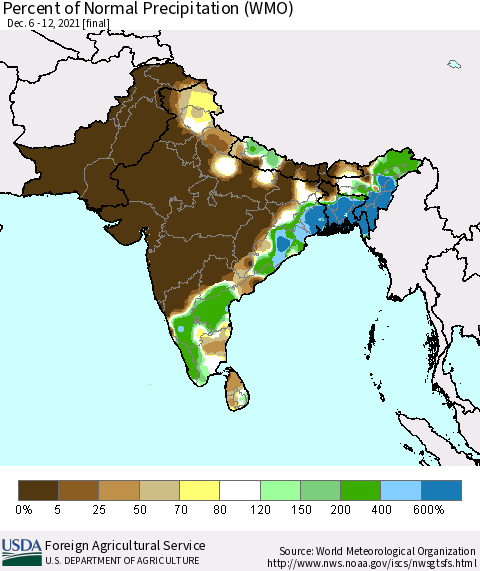 Southern Asia Percent of Normal Precipitation (WMO) Thematic Map For 12/6/2021 - 12/12/2021