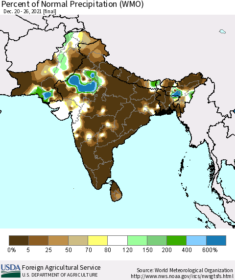 Southern Asia Percent of Normal Precipitation (WMO) Thematic Map For 12/20/2021 - 12/26/2021