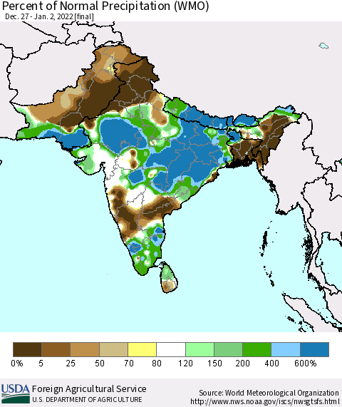 Southern Asia Percent of Normal Precipitation (WMO) Thematic Map For 12/27/2021 - 1/2/2022