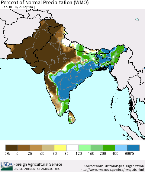 Southern Asia Percent of Normal Precipitation (WMO) Thematic Map For 1/10/2022 - 1/16/2022
