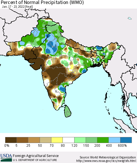 Southern Asia Percent of Normal Precipitation (WMO) Thematic Map For 1/17/2022 - 1/23/2022