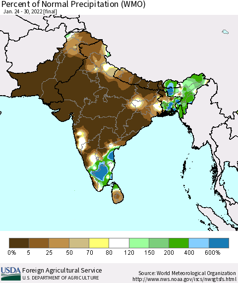 Southern Asia Percent of Normal Precipitation (WMO) Thematic Map For 1/24/2022 - 1/30/2022