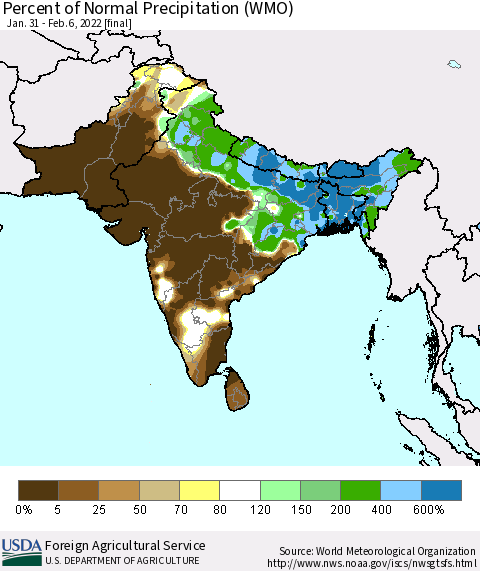 Southern Asia Percent of Normal Precipitation (WMO) Thematic Map For 1/31/2022 - 2/6/2022