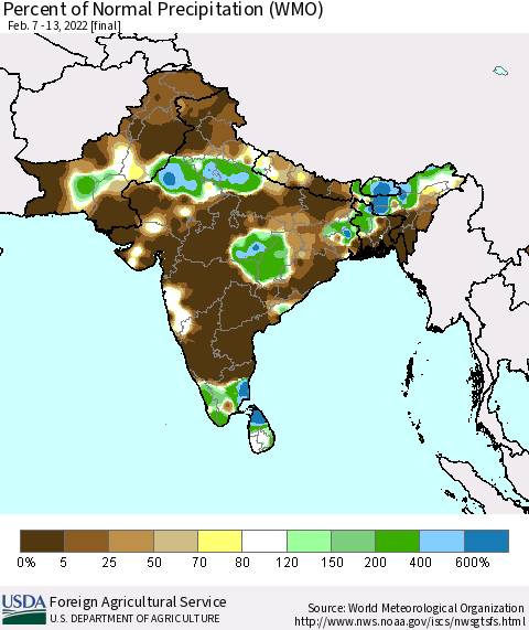 Southern Asia Percent of Normal Precipitation (WMO) Thematic Map For 2/7/2022 - 2/13/2022