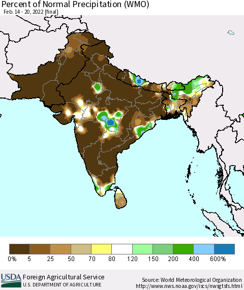 Southern Asia Percent of Normal Precipitation (WMO) Thematic Map For 2/14/2022 - 2/20/2022