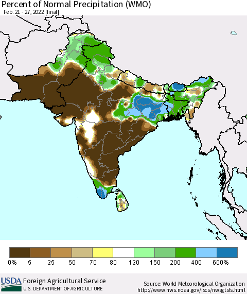 Southern Asia Percent of Normal Precipitation (WMO) Thematic Map For 2/21/2022 - 2/27/2022