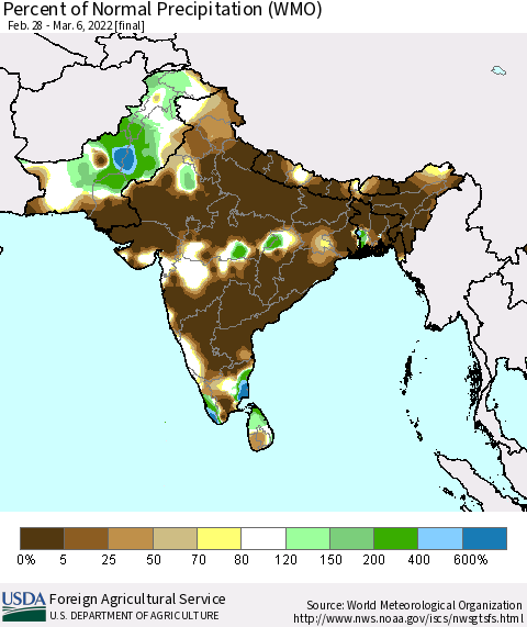 Southern Asia Percent of Normal Precipitation (WMO) Thematic Map For 2/28/2022 - 3/6/2022