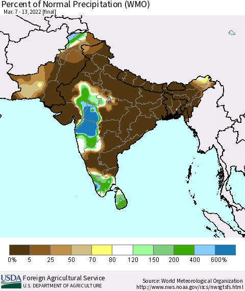 Southern Asia Percent of Normal Precipitation (WMO) Thematic Map For 3/7/2022 - 3/13/2022