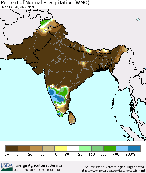 Southern Asia Percent of Normal Precipitation (WMO) Thematic Map For 3/14/2022 - 3/20/2022