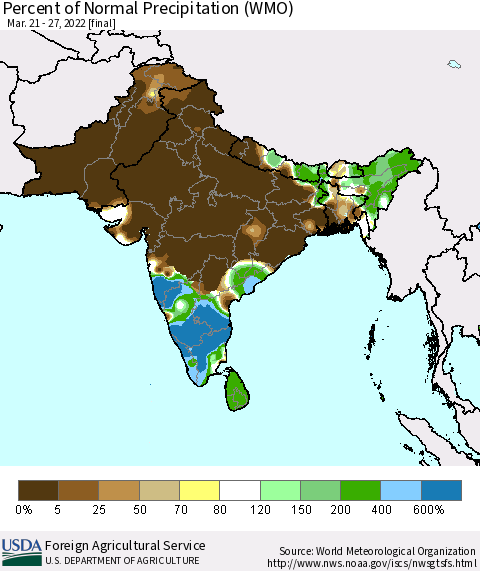 Southern Asia Percent of Normal Precipitation (WMO) Thematic Map For 3/21/2022 - 3/27/2022