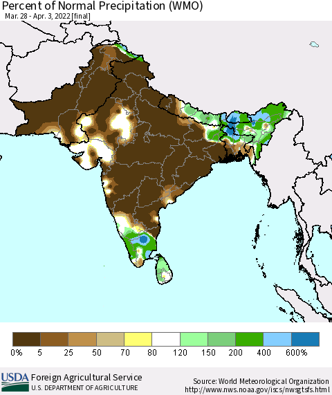 Southern Asia Percent of Normal Precipitation (WMO) Thematic Map For 3/28/2022 - 4/3/2022