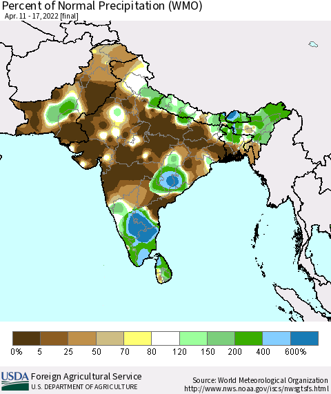 Southern Asia Percent of Normal Precipitation (WMO) Thematic Map For 4/11/2022 - 4/17/2022