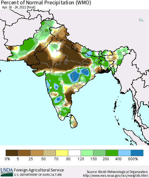 Southern Asia Percent of Normal Precipitation (WMO) Thematic Map For 4/18/2022 - 4/24/2022