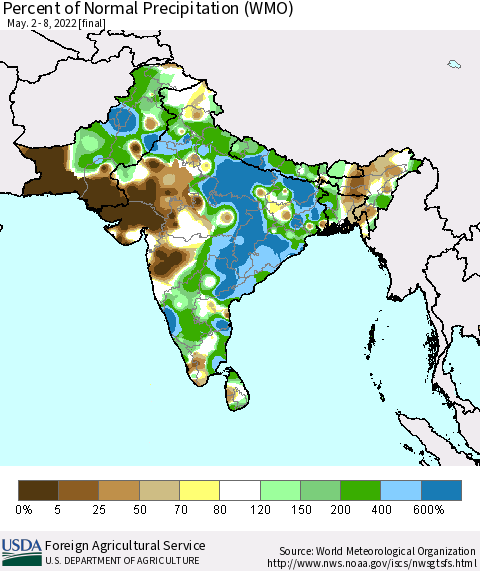 Southern Asia Percent of Normal Precipitation (WMO) Thematic Map For 5/2/2022 - 5/8/2022
