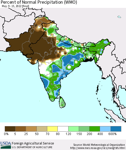 Southern Asia Percent of Normal Precipitation (WMO) Thematic Map For 5/9/2022 - 5/15/2022