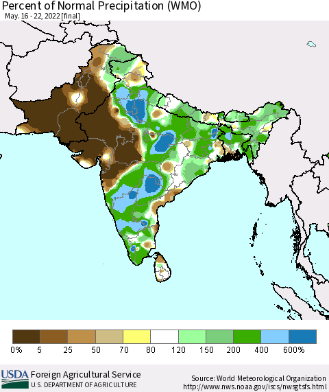 Southern Asia Percent of Normal Precipitation (WMO) Thematic Map For 5/16/2022 - 5/22/2022