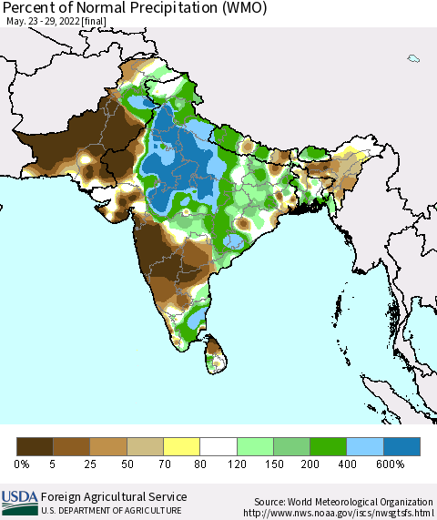 Southern Asia Percent of Normal Precipitation (WMO) Thematic Map For 5/23/2022 - 5/29/2022