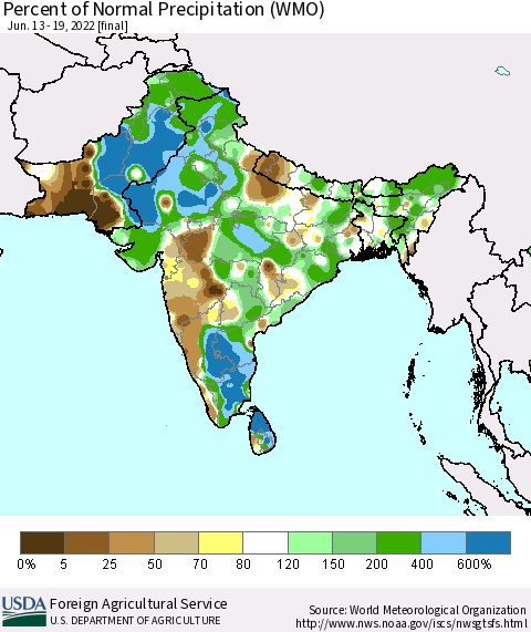 Southern Asia Percent of Normal Precipitation (WMO) Thematic Map For 6/13/2022 - 6/19/2022