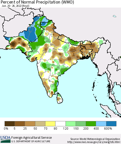 Southern Asia Percent of Normal Precipitation (WMO) Thematic Map For 6/20/2022 - 6/26/2022